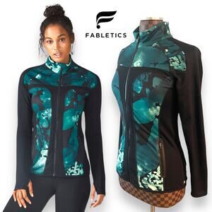 Fabletics Jojo Jacket XS Green Black Full Zip Yoga Thumb Holes Moisture Wicking